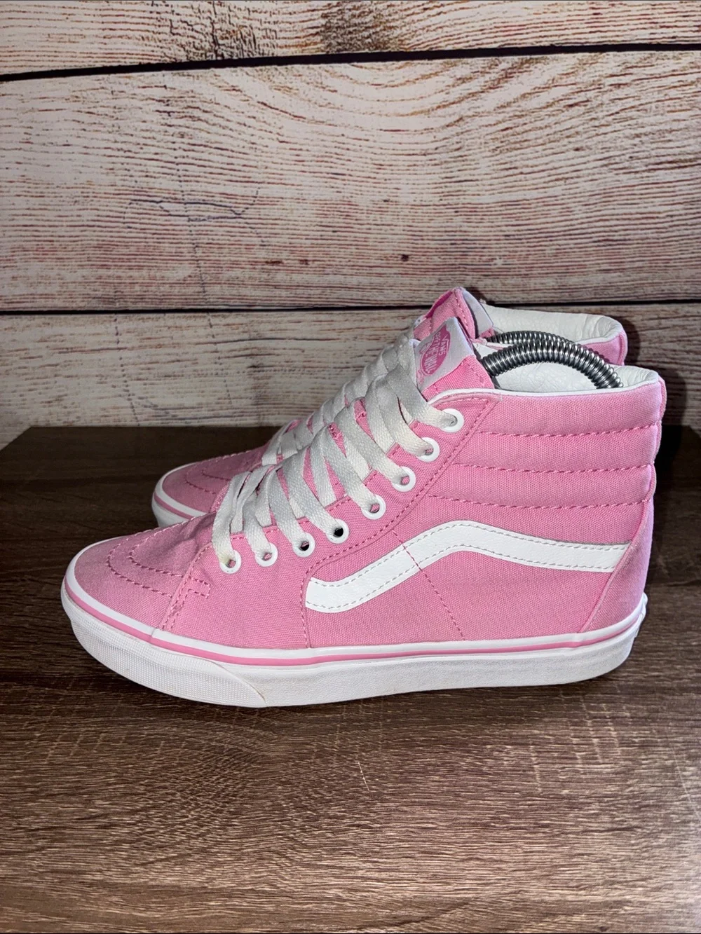 Pre Owned Women’s 7.5Vans Pink Sk8-Hi Canvas High-Top Sneakers with White Stripe